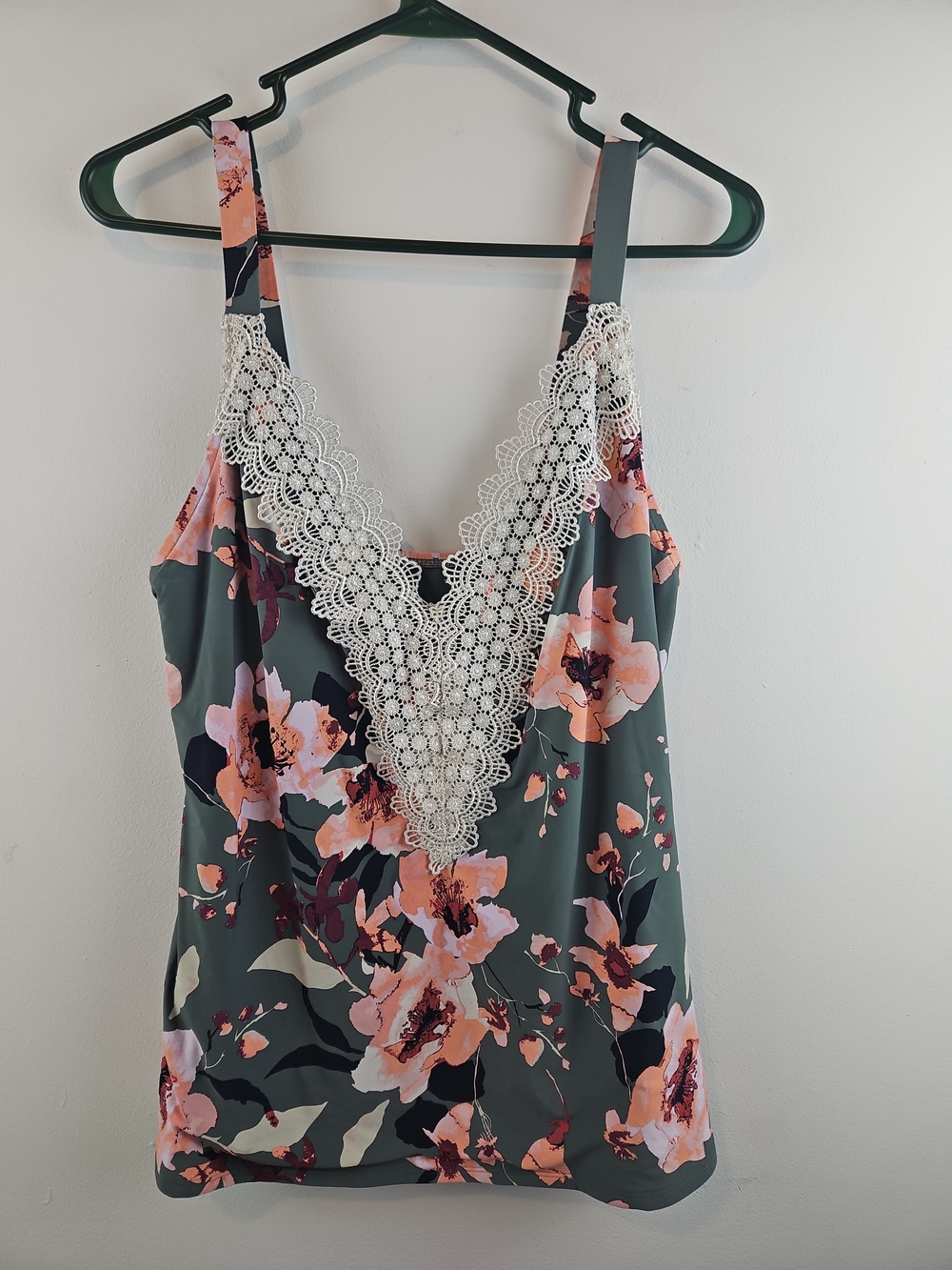 Sea Angel Floral Lace Trim Tank Top 1X Sage Green Pink Swim Top